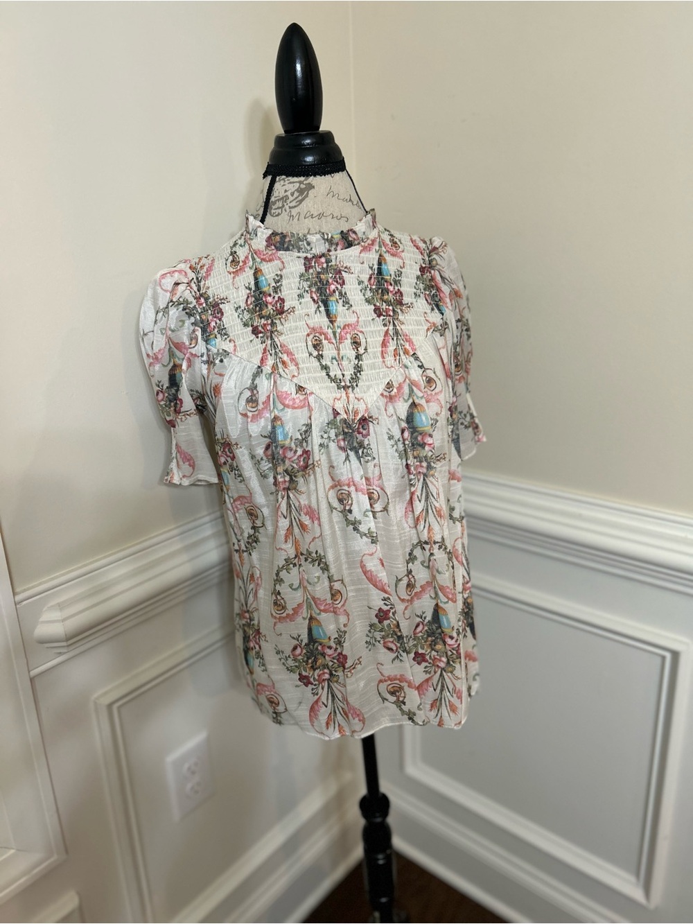 Rose & Olive Cream Floral Smocked Neck Blouse with Pink Accents